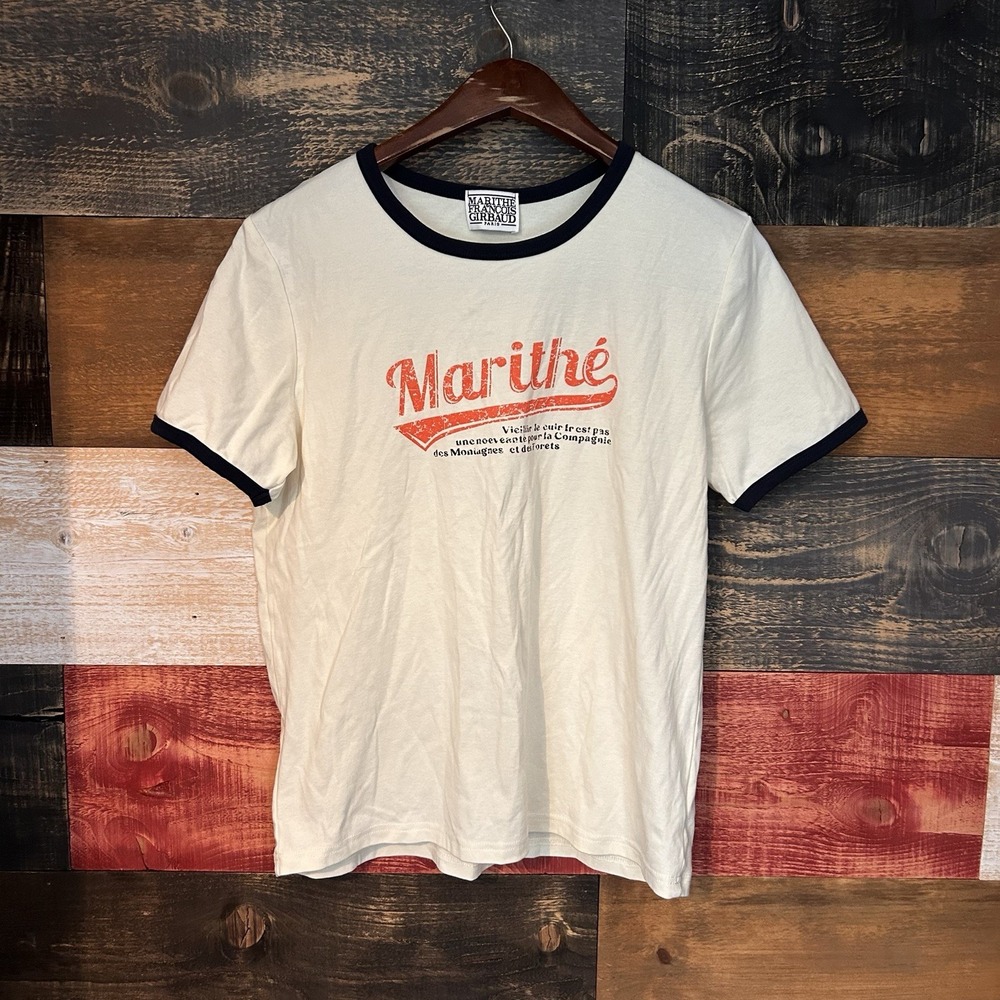 Marithe Francois Girbaud Womens Baby Shirt Large Spellout Ringer Tee Beige